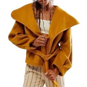 Free People Mina Jacket Size Medium Yellow Oversized Slouchy Tie Belt Coat Chic